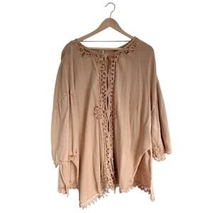 Free People Tan Poncho Lace Details Crochet Oversized Boho Cardigan Knit Medium